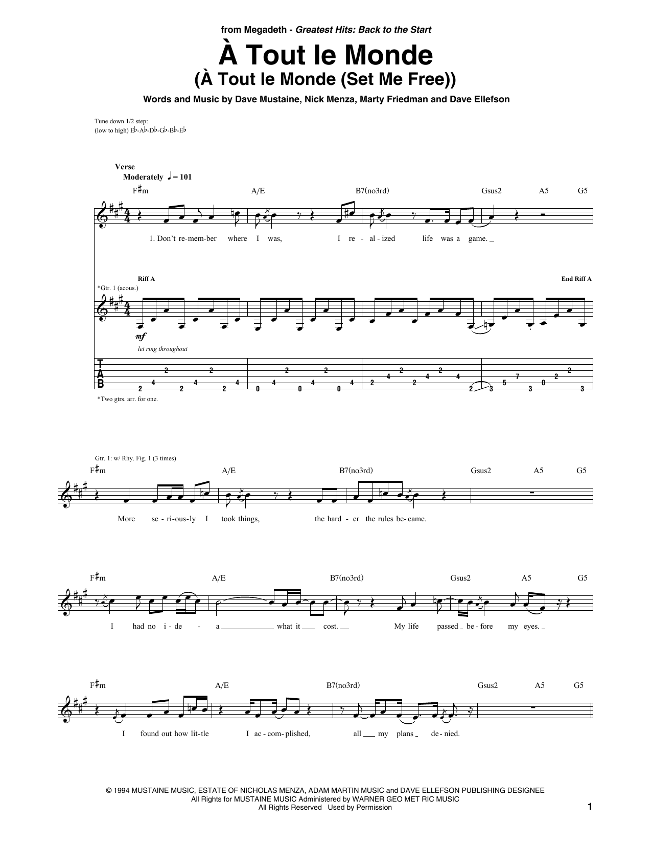 Megadeth A Tout Le Monde (A Tout Le Monde (Set Me Free)) sheet music notes and chords. Download Printable PDF.