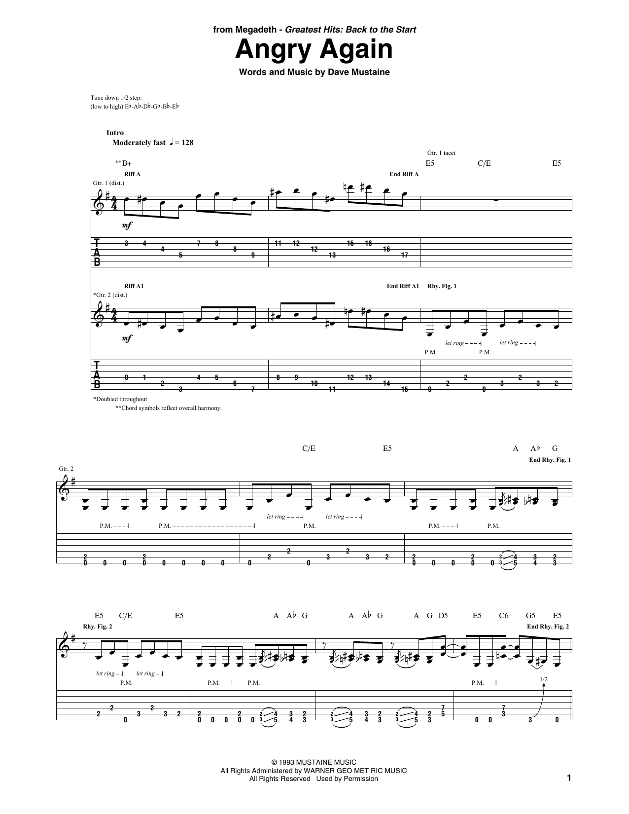 Megadeth Angry Again sheet music notes and chords. Download Printable PDF.