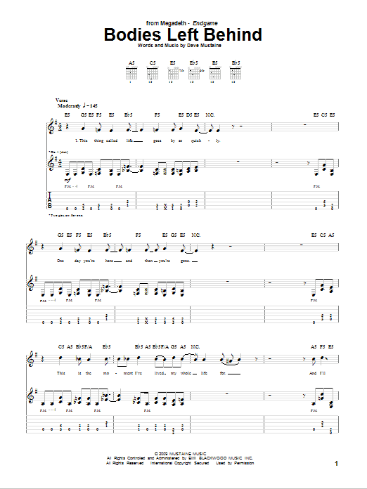 Learn to play Megadeth Bodies Left Behind sheet music for Guitar Tab in minutes. Price: 7.8900$ Megadeth Bodies Left Behind sheet music notes and chords arranged for Guitar Tab
