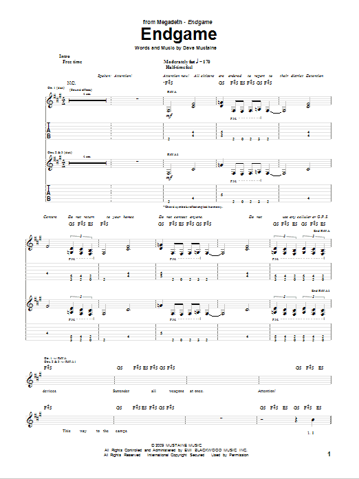 Learn to play Megadeth Endgame sheet music for Guitar Tab in minutes. Price: 7.8900$ Megadeth Endgame sheet music notes and chords arranged for Guitar Tab
