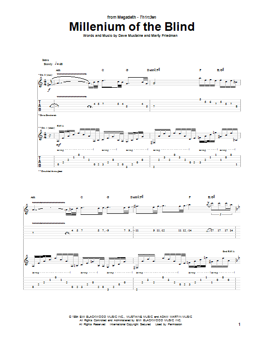 Learn to play Megadeth Millenium Of The Blind sheet music for Guitar Tab in minutes. Price: 7.8900$ Megadeth Millenium Of The Blind sheet music notes and chords arranged for Guitar Tab