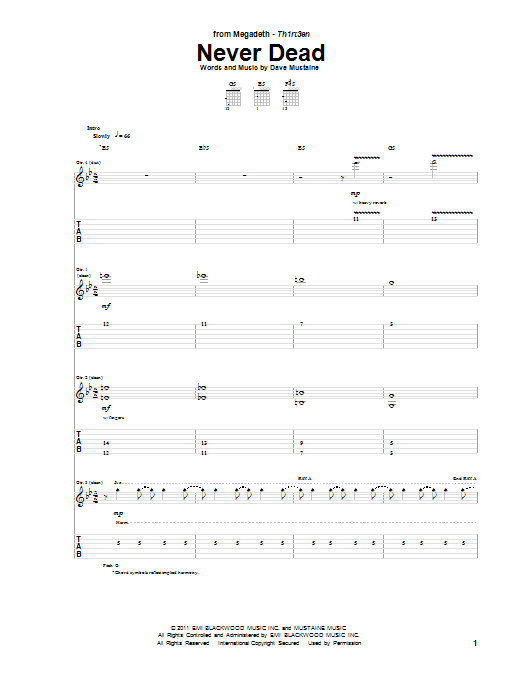 Learn to play Megadeth Never Dead sheet music for Guitar Tab in minutes. Price: 7.8900$ Megadeth Never Dead sheet music notes and chords arranged for Guitar Tab