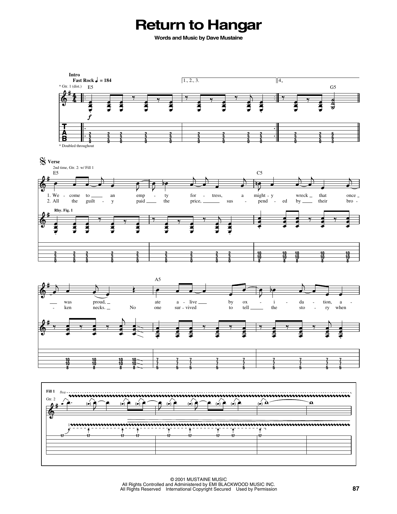 Megadeth Return To Hangar sheet music notes and chords arranged for Guitar Tab