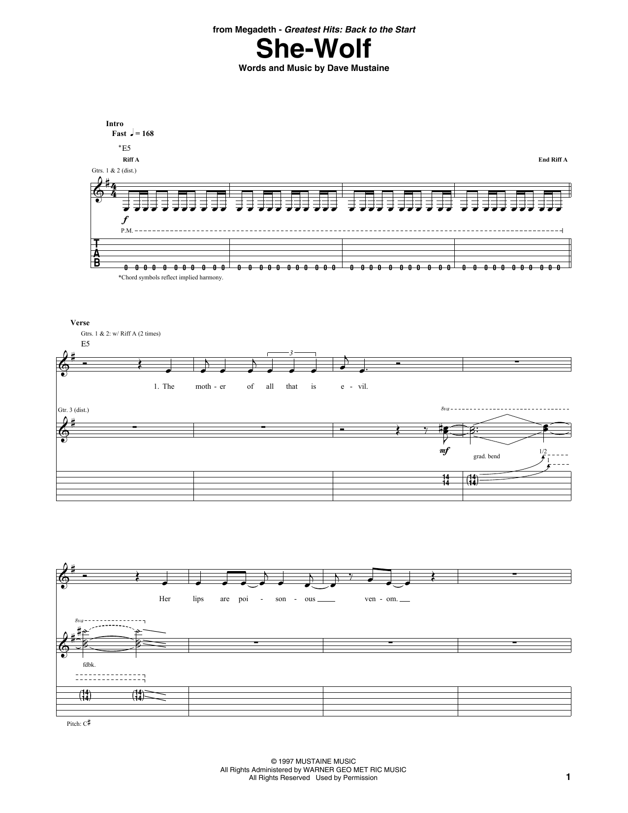 Megadeth She-Wolf sheet music notes and chords. Download Printable PDF.