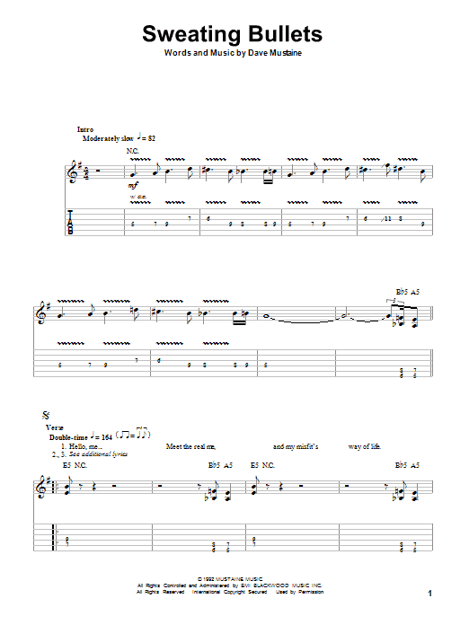 Megadeth Sweating Bullets sheet music notes and chords. Download Printable PDF.