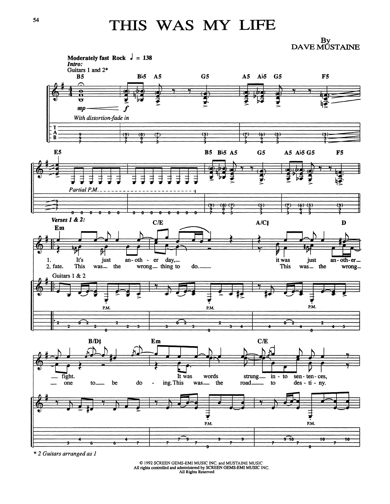 Megadeth This Was My Life sheet music notes and chords. Download Printable PDF.