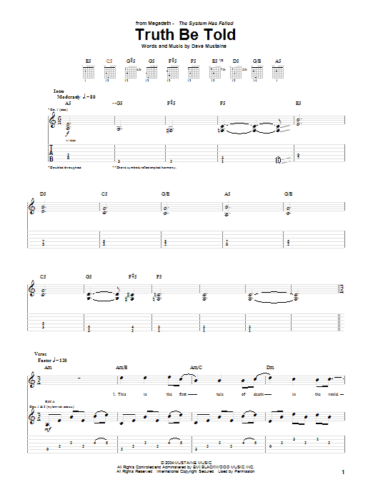 Learn to play Megadeth Truth Be Told sheet music for Guitar Tab in minutes. Price: 7.8900$ Megadeth Truth Be Told sheet music notes and chords arranged for Guitar Tab