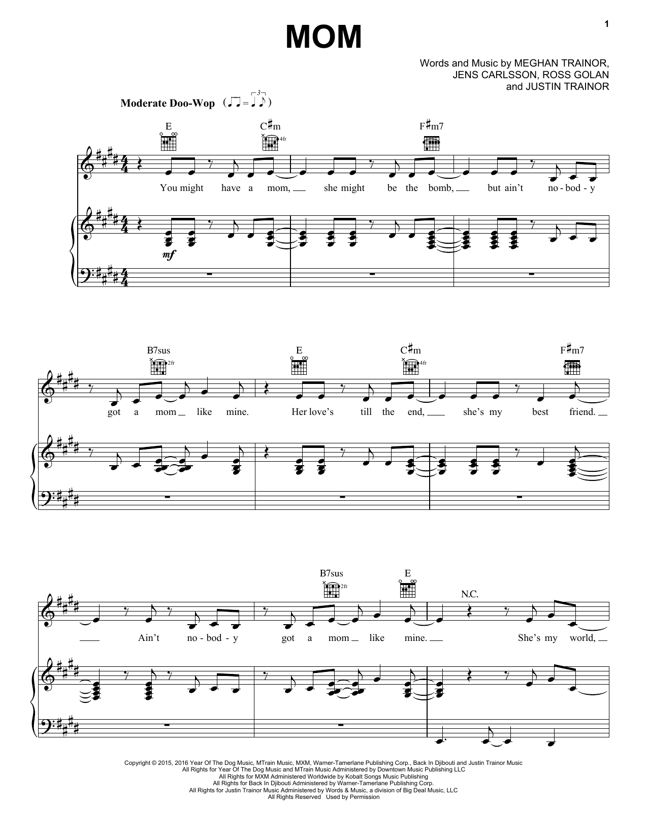 Meghan Trainor Mom (feat. Kelli Trainor) sheet music notes and chords. Download Printable PDF.