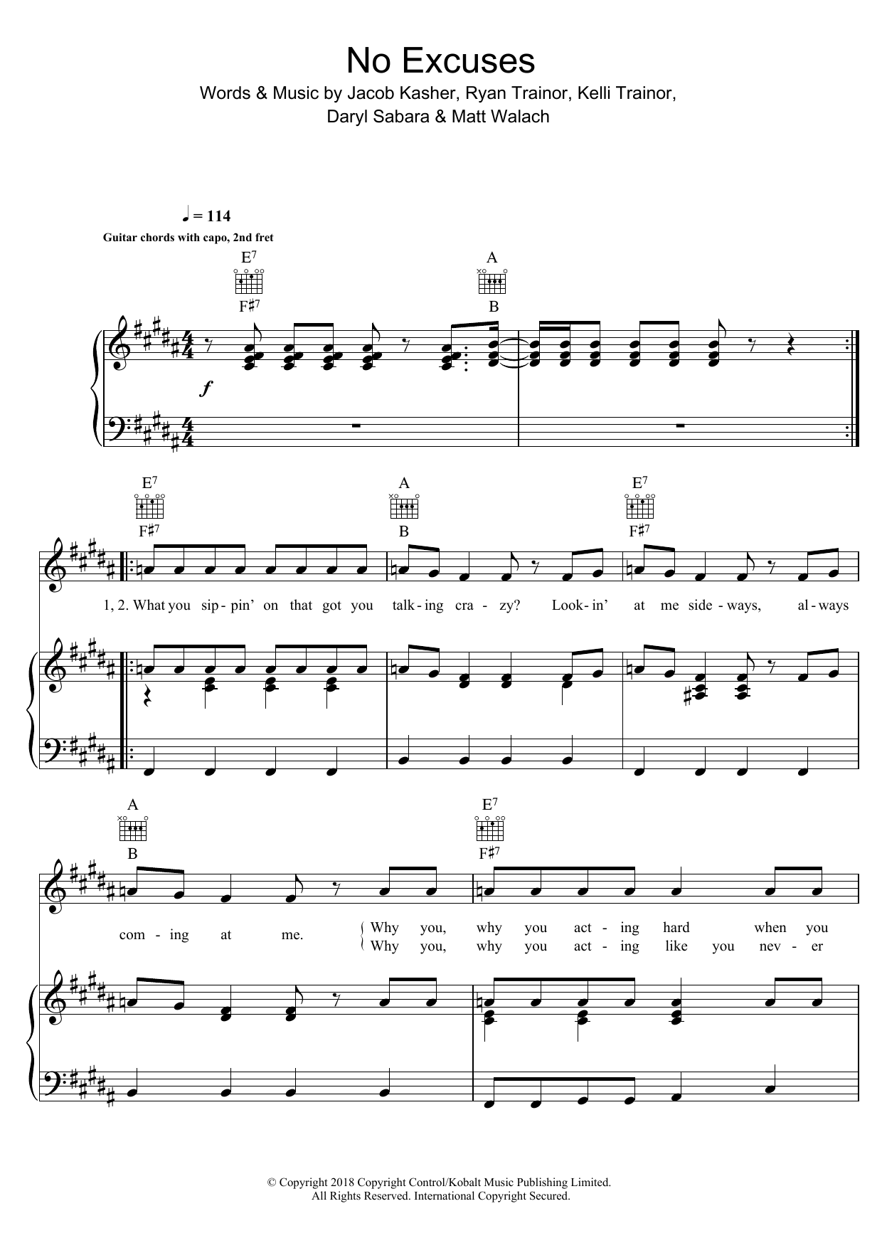 Learn to play Meghan Trainor No Excuses sheet music for Piano, Vocal & Guitar Chords in minutes. Price: 7.8900$ Meghan Trainor No Excuses sheet music notes and chords arranged for Piano, Vocal & Guitar Chords
