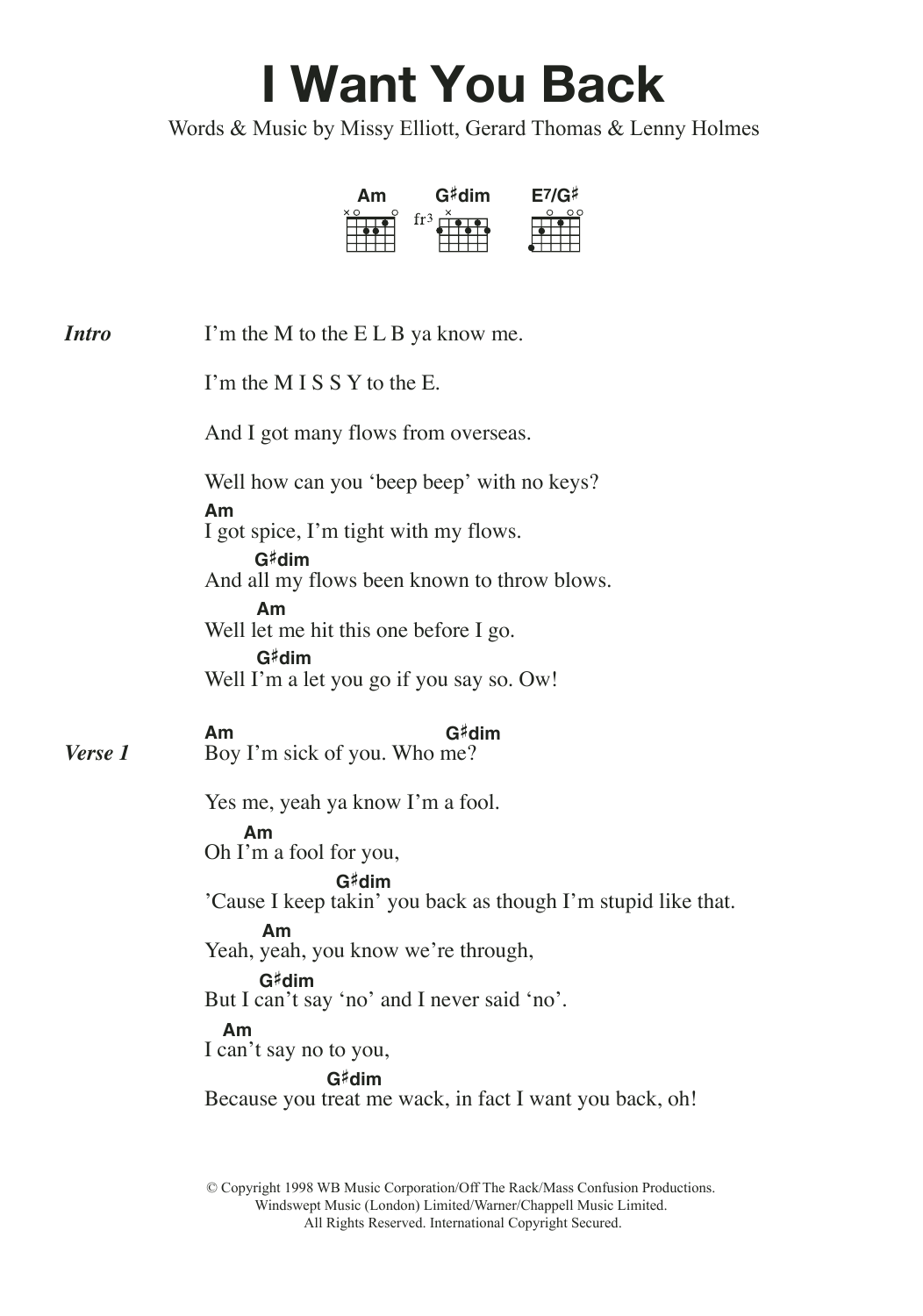 Mel B I Want You Back (feat. Missy Elliott) sheet music notes and chords. Download Printable PDF.