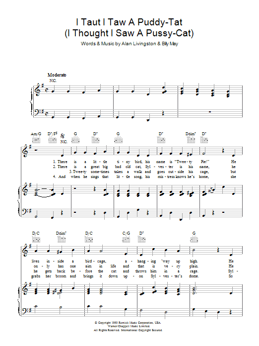 Learn to play Mel Blanc I Taut I Taw A Puddy Tat sheet music for Piano, Vocal & Guitar Chords in minutes. Price: 7.8900$ Mel Blanc I Taut I Taw A Puddy Tat sheet music notes and chords arranged for Piano, Vocal & Guitar Chords