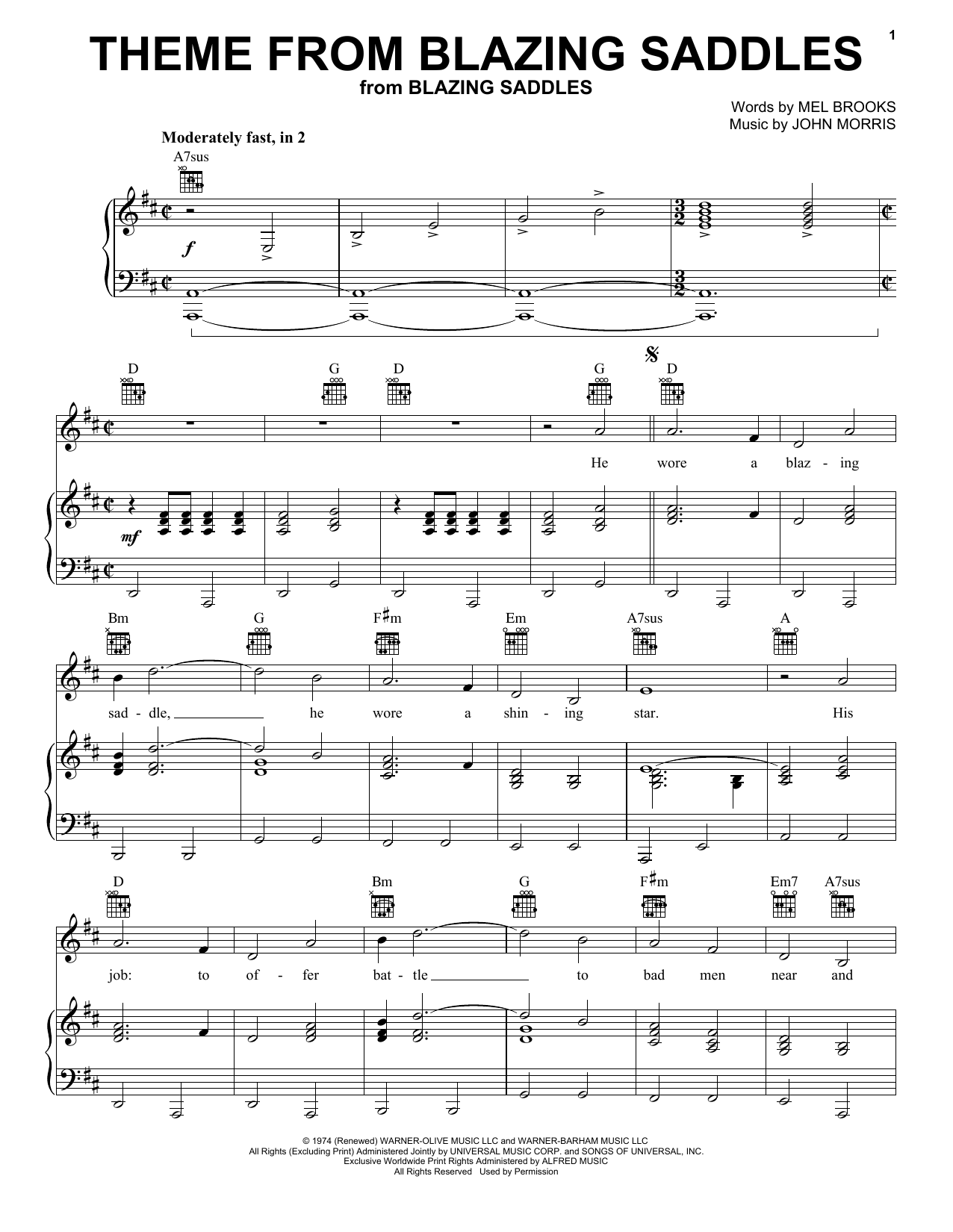 Mel Brooks and John Morris Theme From Blazing Saddles sheet music notes and chords. Download Printable PDF.