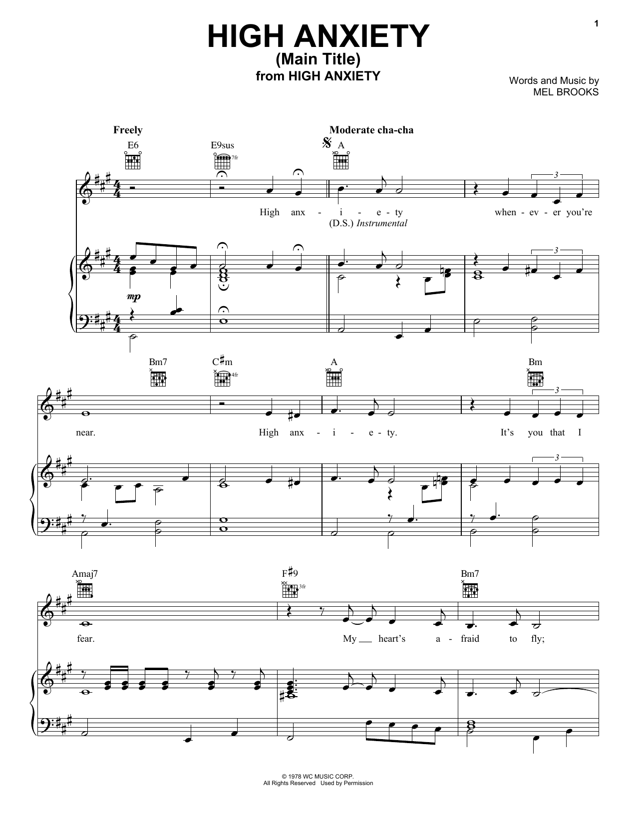 Learn to play Mel Brooks High Anxiety (Main Title) (from High Anxiety) sheet music for Piano, Vocal & Guitar Chords (Right-Hand Melody) in minutes. Price: 6.9900$ Mel Brooks High Anxiety (Main Title) (from High Anxiety) sheet music notes and chords arranged for Piano, Vocal & Guitar Chords (Right-Hand Melody)