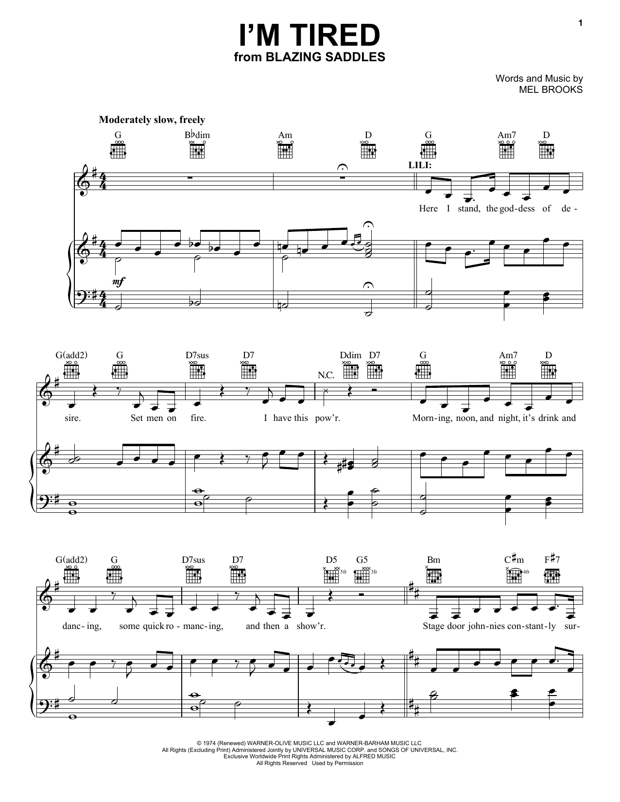 Mel Brooks I'm Tired (from Blazing Saddles) sheet music notes and chords. Download Printable PDF.