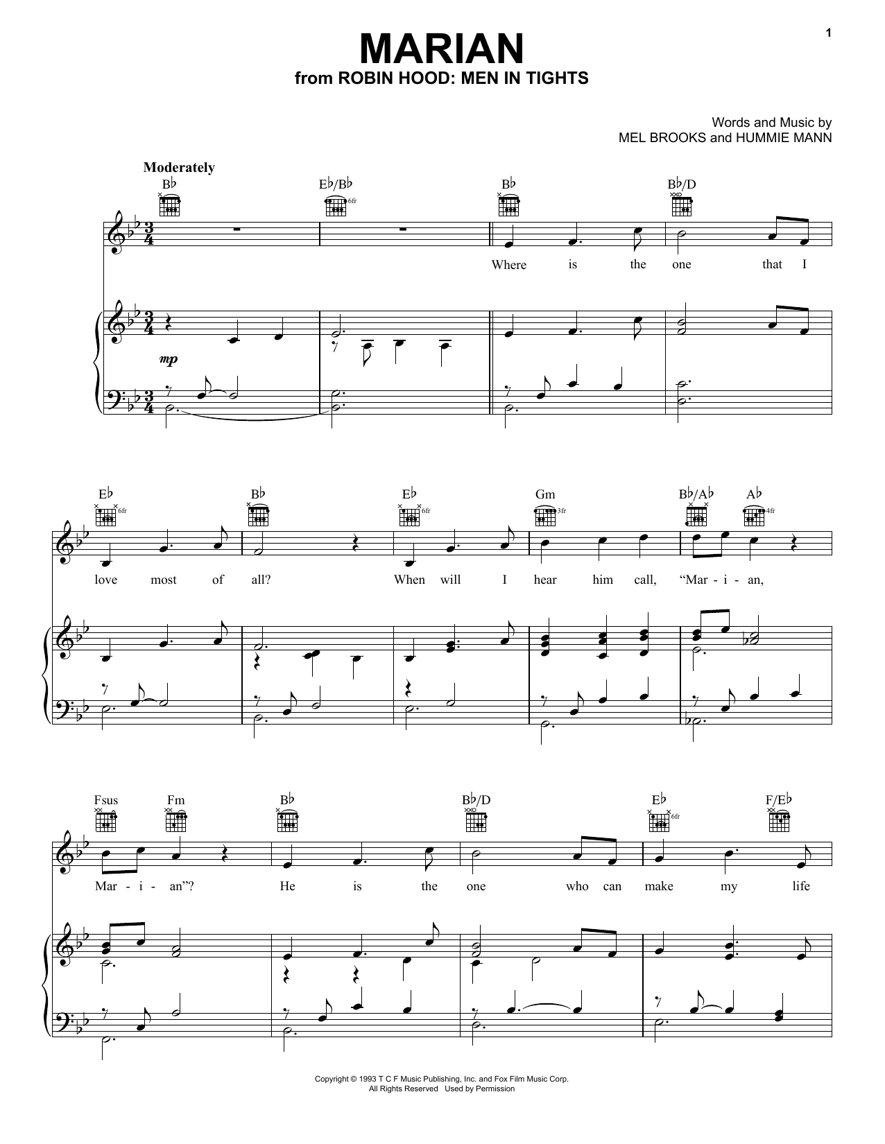Learn to play Mel Brooks Marian (from Robin Hood: Men In Tights) sheet music for Piano, Vocal & Guitar Chords (Right-Hand Melody) in minutes. Price: 6.9900$ Mel Brooks Marian (from Robin Hood: Men In Tights) sheet music notes and chords arranged for Piano, Vocal & Guitar Chords (Right-Hand Melody)