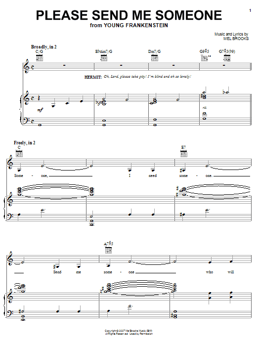 Learn to play Mel Brooks Please Send Me Someone sheet music for Piano, Vocal & Guitar Chords (Right-Hand Melody) in minutes. Price: 7.8900$ Mel Brooks Please Send Me Someone sheet music notes and chords arranged for Piano, Vocal & Guitar Chords (Right-Hand Melody)