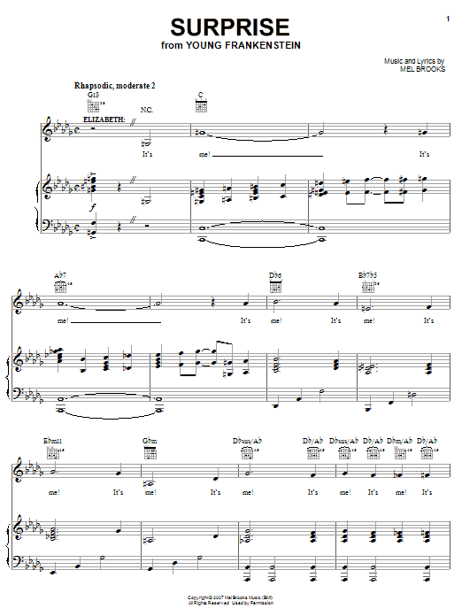 Learn to play Mel Brooks Surprise sheet music for Piano, Vocal & Guitar Chords (Right-Hand Melody) in minutes. Price: 7.8900$ Mel Brooks Surprise sheet music notes and chords arranged for Piano, Vocal & Guitar Chords (Right-Hand Melody)