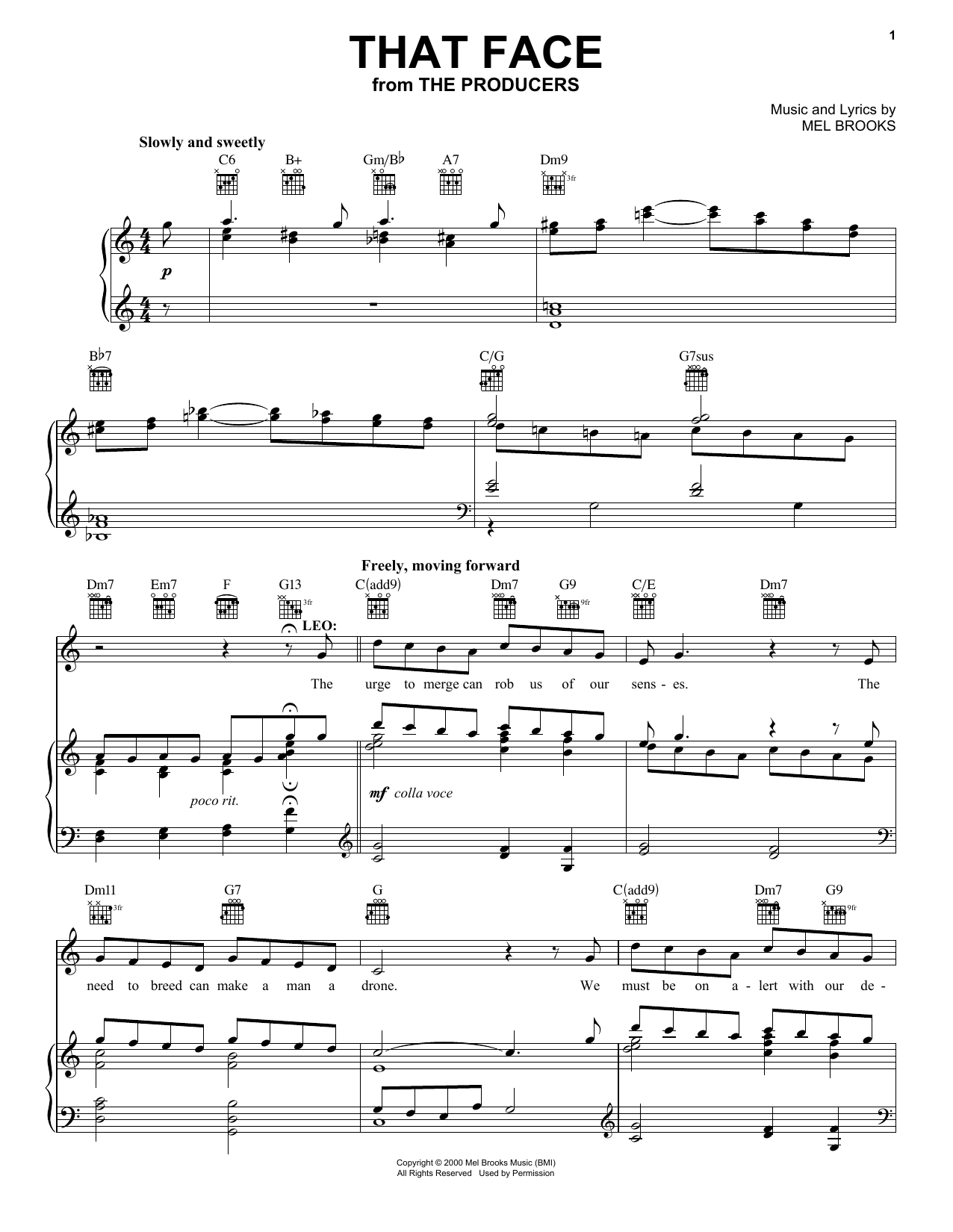 Learn to play Mel Brooks That Face (from The Producers) sheet music for Piano, Vocal & Guitar Chords in minutes. Price: 7.8900$ Mel Brooks That Face (from The Producers) sheet music notes and chords arranged for Piano, Vocal & Guitar Chords