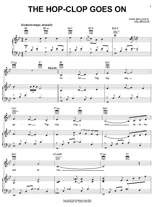 Learn to play Mel Brooks The Hop Clop Goes On sheet music for Piano, Vocal & Guitar Chords (Right-Hand Melody) in minutes. Price: 7.8900$ Mel Brooks The Hop Clop Goes On sheet music notes and chords arranged for Piano, Vocal & Guitar Chords (Right-Hand Melody)