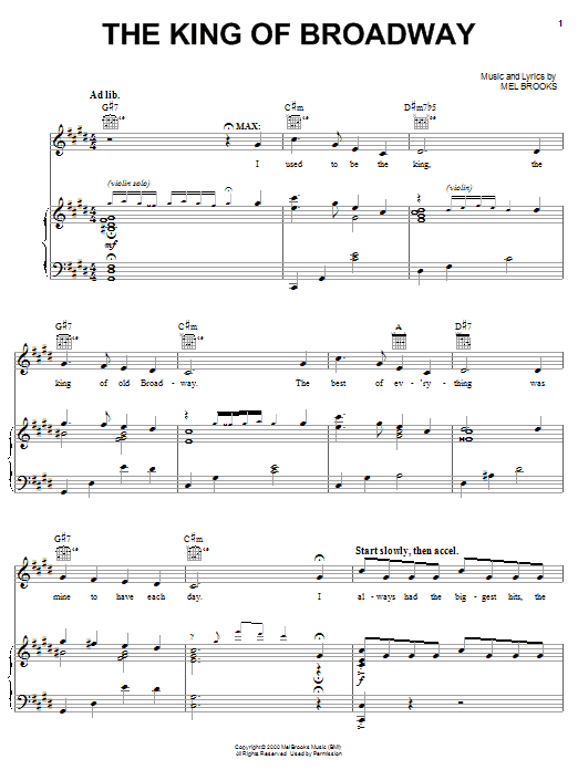 Learn to play Mel Brooks The King Of Broadway sheet music for Piano, Vocal & Guitar Chords (Right-Hand Melody) in minutes. Price: 7.8900$ Mel Brooks The King Of Broadway sheet music notes and chords arranged for Piano, Vocal & Guitar Chords (Right-Hand Melody)