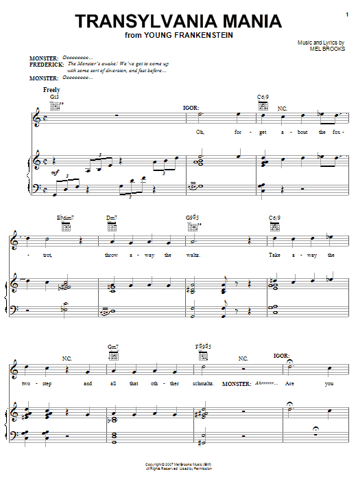 Learn to play Mel Brooks Transylvania Mania sheet music for Piano, Vocal & Guitar Chords (Right-Hand Melody) in minutes. Price: 7.8900$ Mel Brooks Transylvania Mania sheet music notes and chords arranged for Piano, Vocal & Guitar Chords (Right-Hand Melody)