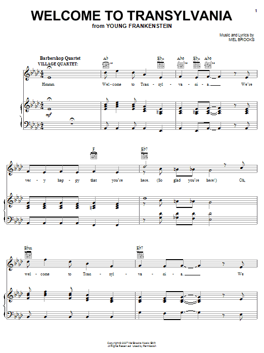 Learn to play Mel Brooks Welcome To Transylvania sheet music for Piano, Vocal & Guitar Chords (Right-Hand Melody) in minutes. Price: 7.8900$ Mel Brooks Welcome To Transylvania sheet music notes and chords arranged for Piano, Vocal & Guitar Chords (Right-Hand Melody)