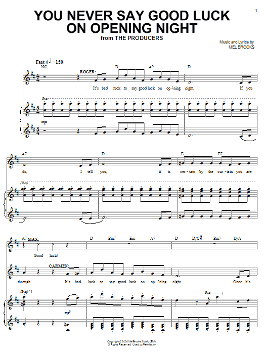 Learn to play Mel Brooks You Never Say Good Luck On Opening Night sheet music for Piano & Vocal in minutes. Price: 7.8900$ Mel Brooks You Never Say Good Luck On Opening Night sheet music notes and chords arranged for Piano & Vocal