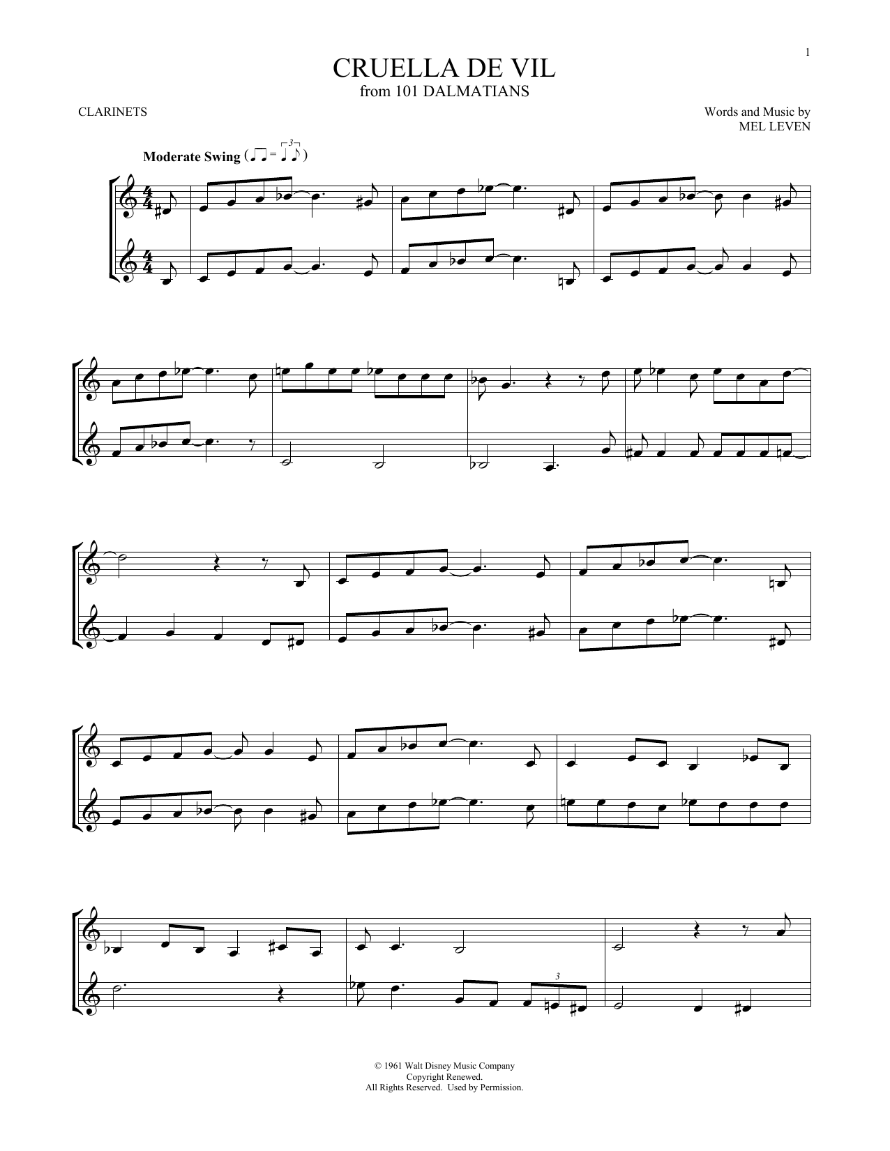 Mel Leven Cruella De Vil (from 101 Dalmatians) sheet music notes and chords. Download Printable PDF.