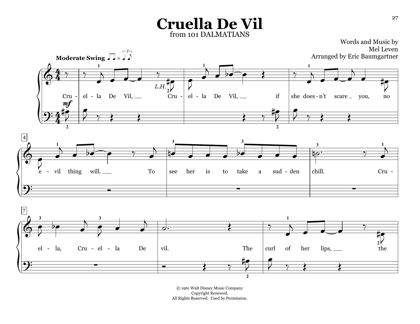 Mel Leven Cruella De Vil (from 101 Dalmations) (arr. Eric Baumgartner) sheet music notes and chords arranged for Piano Duet