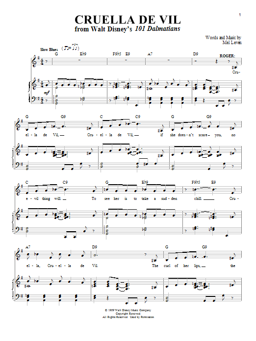 Mel Leven Cruella De Vil sheet music notes and chords. Download Printable PDF.