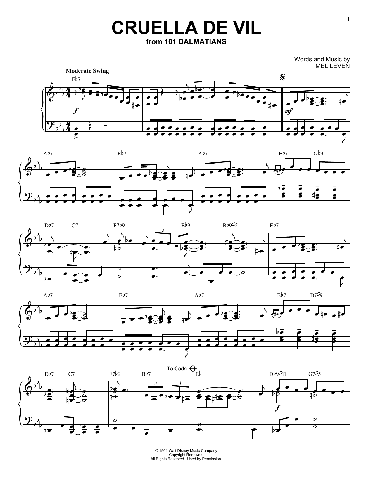 Mel Leven Cruella De Vil [Jazz version] (from 101 Dalmatians) sheet music notes and chords. Download Printable PDF.