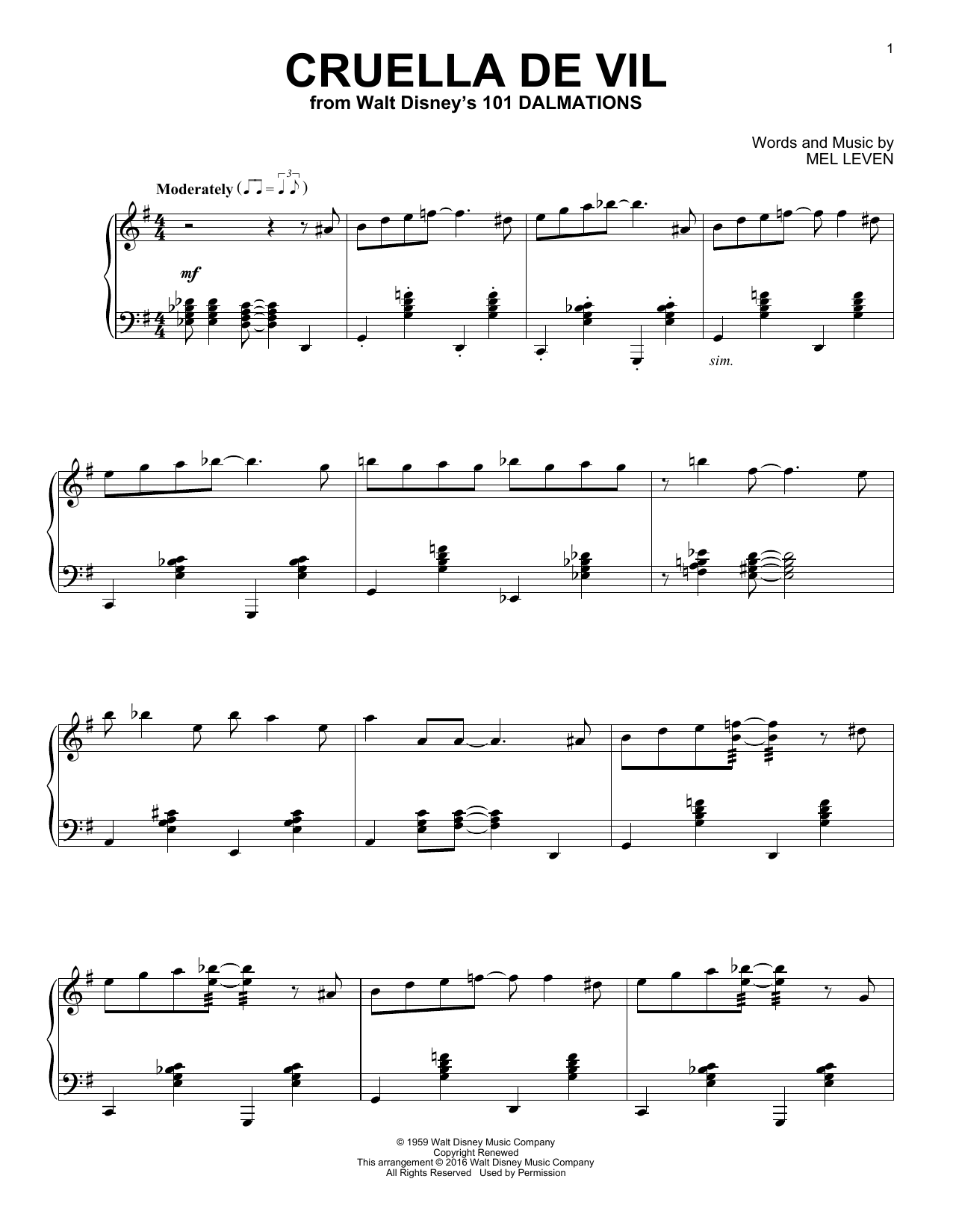 Mel Leven Cruella De Vil [Jazz version] sheet music notes and chords. Download Printable PDF.