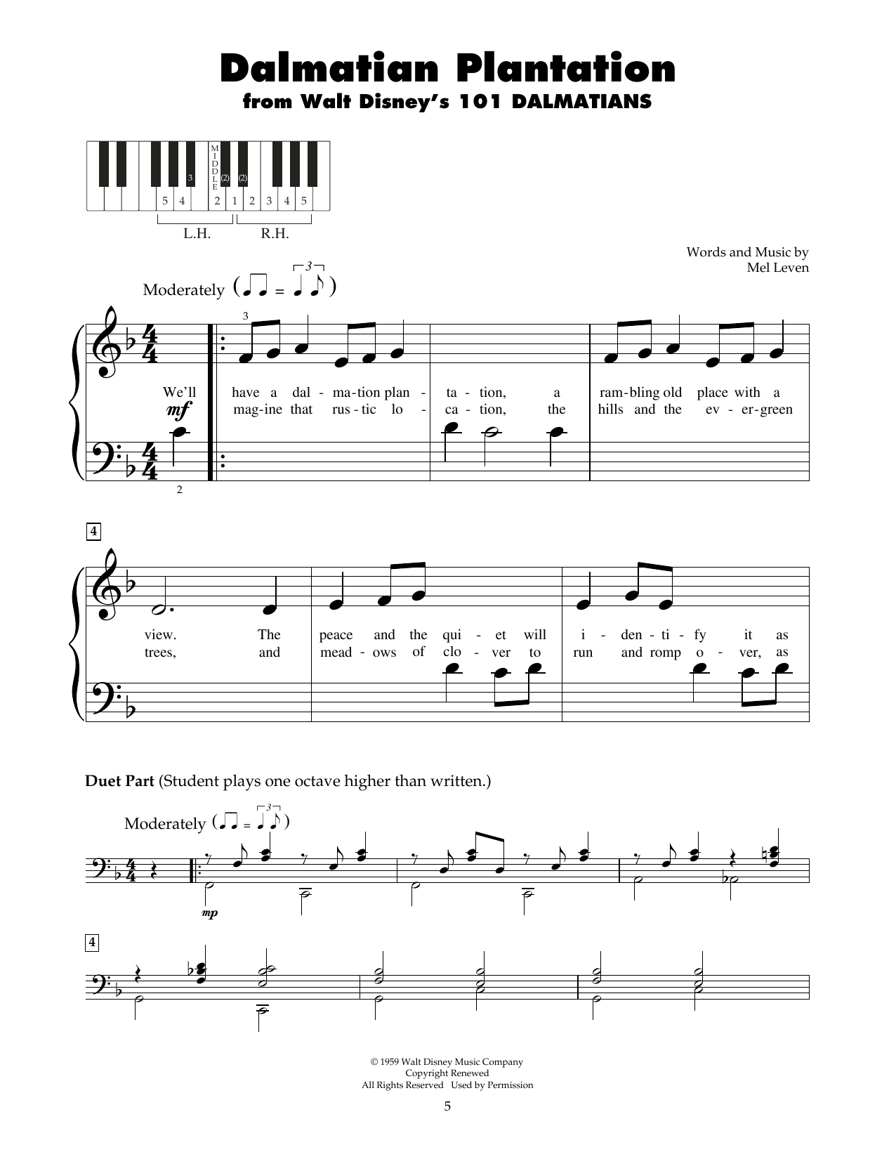 Mel Leven Dalmatian Plantation (from 101 Dalmatians) sheet music notes and chords. Download Printable PDF.