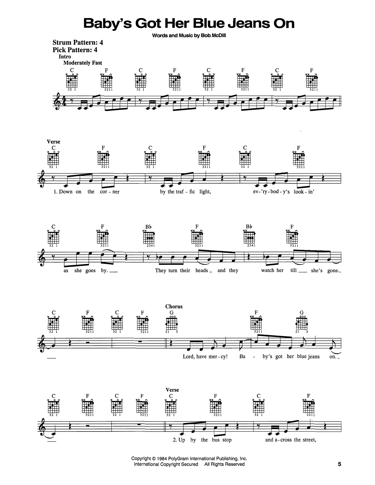 Mel McDaniel Baby's Got Her Blue Jeans On sheet music notes and chords arranged for Real Book – Melody, Lyrics & Chords