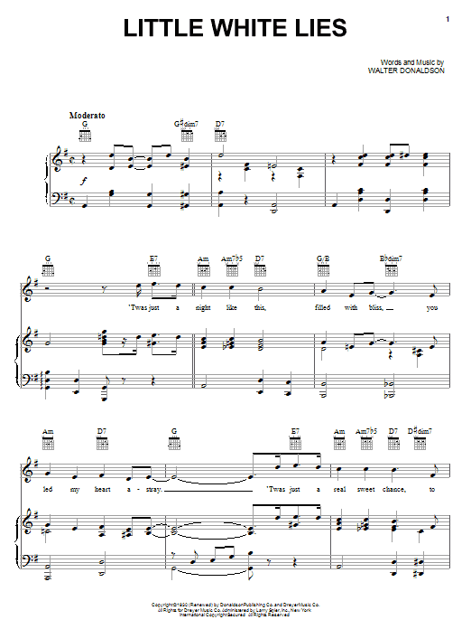 Learn to play Mel Torme Little White Lies sheet music for Piano, Vocal & Guitar Chords (Right-Hand Melody) in minutes. Price: 7.8900$ Mel Torme Little White Lies sheet music notes and chords arranged for Piano, Vocal & Guitar Chords (Right-Hand Melody)