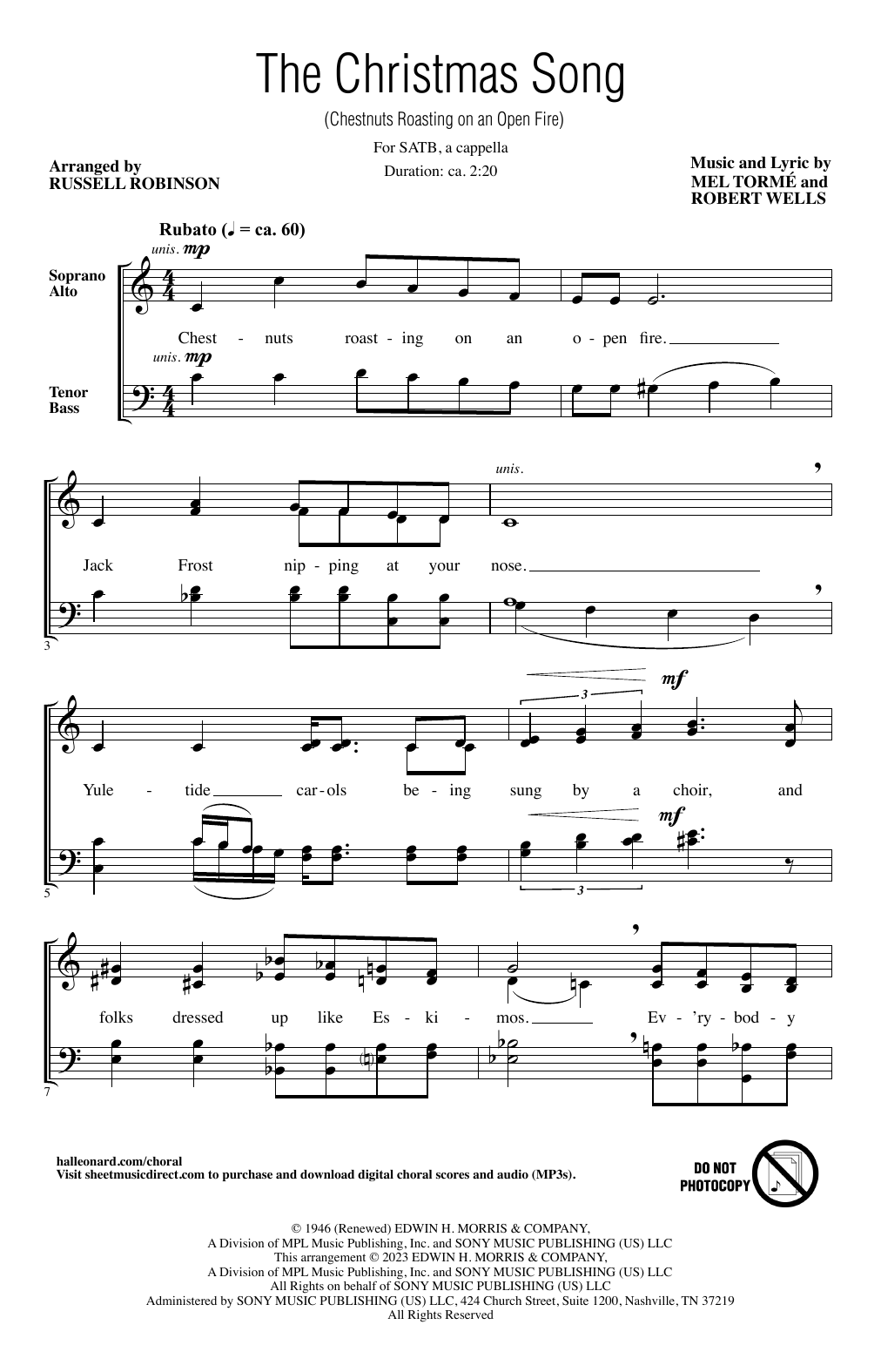 Mel Torme & Robert Wells The Christmas Song (Chestnuts Roasting On An Open Fire) (arr. Russell Robinson) sheet music notes and chords. Download Printable PDF.