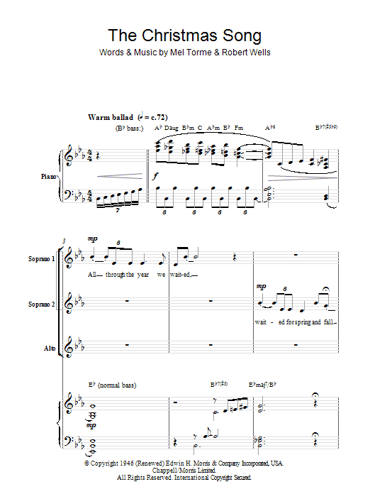 Mel Torme The Christmas Song (Chestnuts Roasting On An Open Fire) (arr. Berty Rice) sheet music notes and chords. Download Printable PDF.