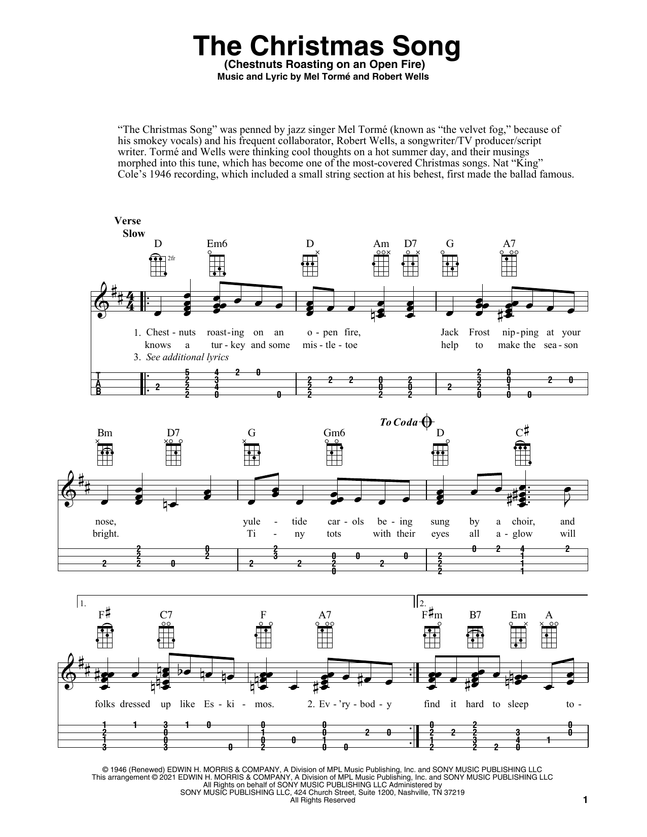 Learn to play Mel Torme The Christmas Song (Chestnuts Roasting On An Open Fire) (arr. Fred Sokolow) sheet music for Ukulele in minutes. Price: 5.9900$ Mel Torme The Christmas Song (Chestnuts Roasting On An Open Fire) (arr. Fred Sokolow) sheet music notes and chords arranged for Ukulele