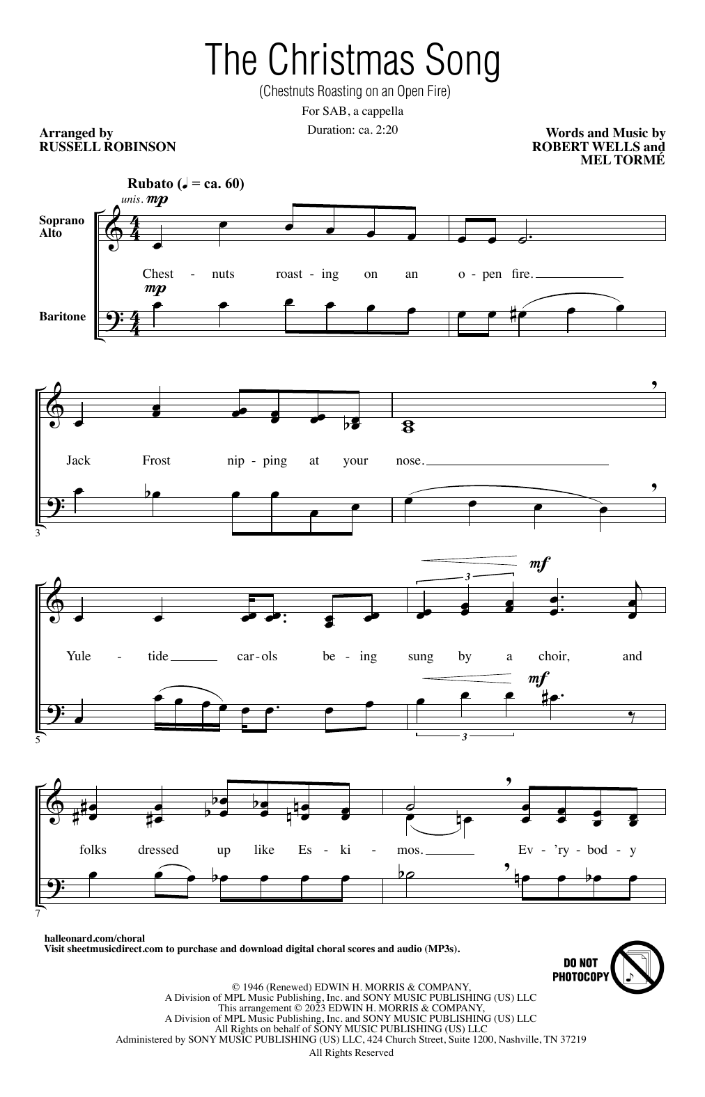 Mel Torme The Christmas Song (Chestnuts Roasting On An Open Fire) (arr. Russell Robinson) sheet music notes and chords. Download Printable PDF.