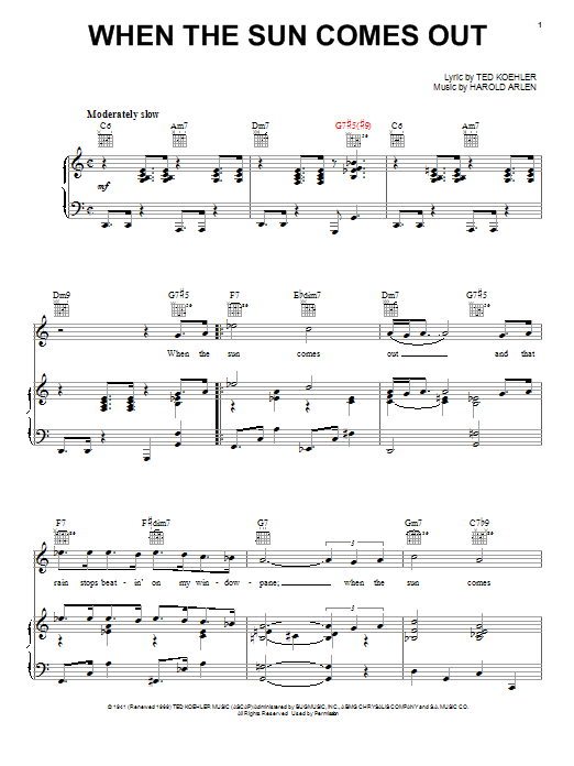 Learn to play Mel Torme When The Sun Comes Out sheet music for Piano, Vocal & Guitar Chords (Right-Hand Melody) in minutes. Price: 7.8900$ Mel Torme When The Sun Comes Out sheet music notes and chords arranged for Piano, Vocal & Guitar Chords (Right-Hand Melody)
