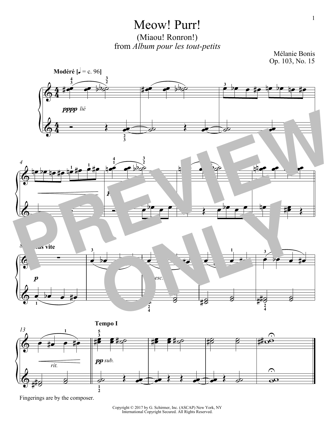 Learn to play Melanie Bonis Meow! Purr! (Miaou! Ronron!) sheet music for Piano Solo in minutes. Price: 7.8900$ Melanie Bonis Meow! Purr! (Miaou! Ronron!) sheet music notes and chords arranged for Piano Solo