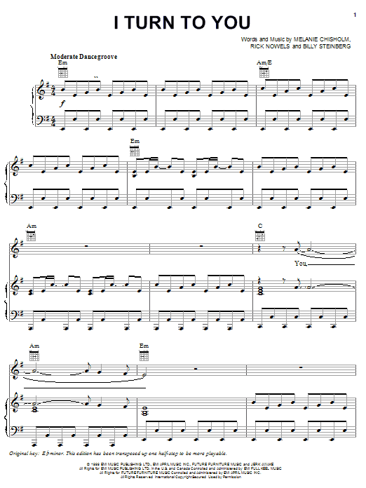 Learn to play Melanie Chisholm I Turn To You sheet music for Piano, Vocal & Guitar Chords (Right-Hand Melody) in minutes. Price: 7.8900$ Melanie Chisholm I Turn To You sheet music notes and chords arranged for Piano, Vocal & Guitar Chords (Right-Hand Melody)