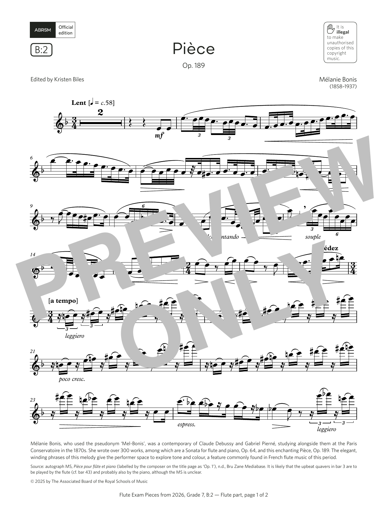 Learn to play Mélanie Helene Bonis Pièce (Grade 7, list B2, from the ABRSM Flute Syllabus from 2026) sheet music for Flute Solo in minutes. Price: 6.9900$ Mélanie Helene Bonis Pièce (Grade 7, list B2, from the ABRSM Flute Syllabus from 2026) sheet music notes and chords arranged for Flute Solo