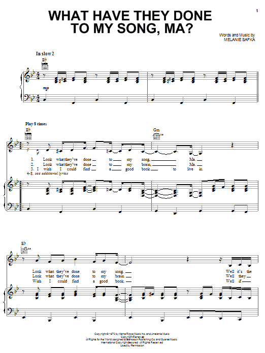 Learn to play Melanie What Have They Done To My Song, Ma? sheet music for Piano, Vocal & Guitar Chords (Right-Hand Melody) in minutes. Price: 7.8900$ Melanie What Have They Done To My Song, Ma? sheet music notes and chords arranged for Piano, Vocal & Guitar Chords (Right-Hand Melody)