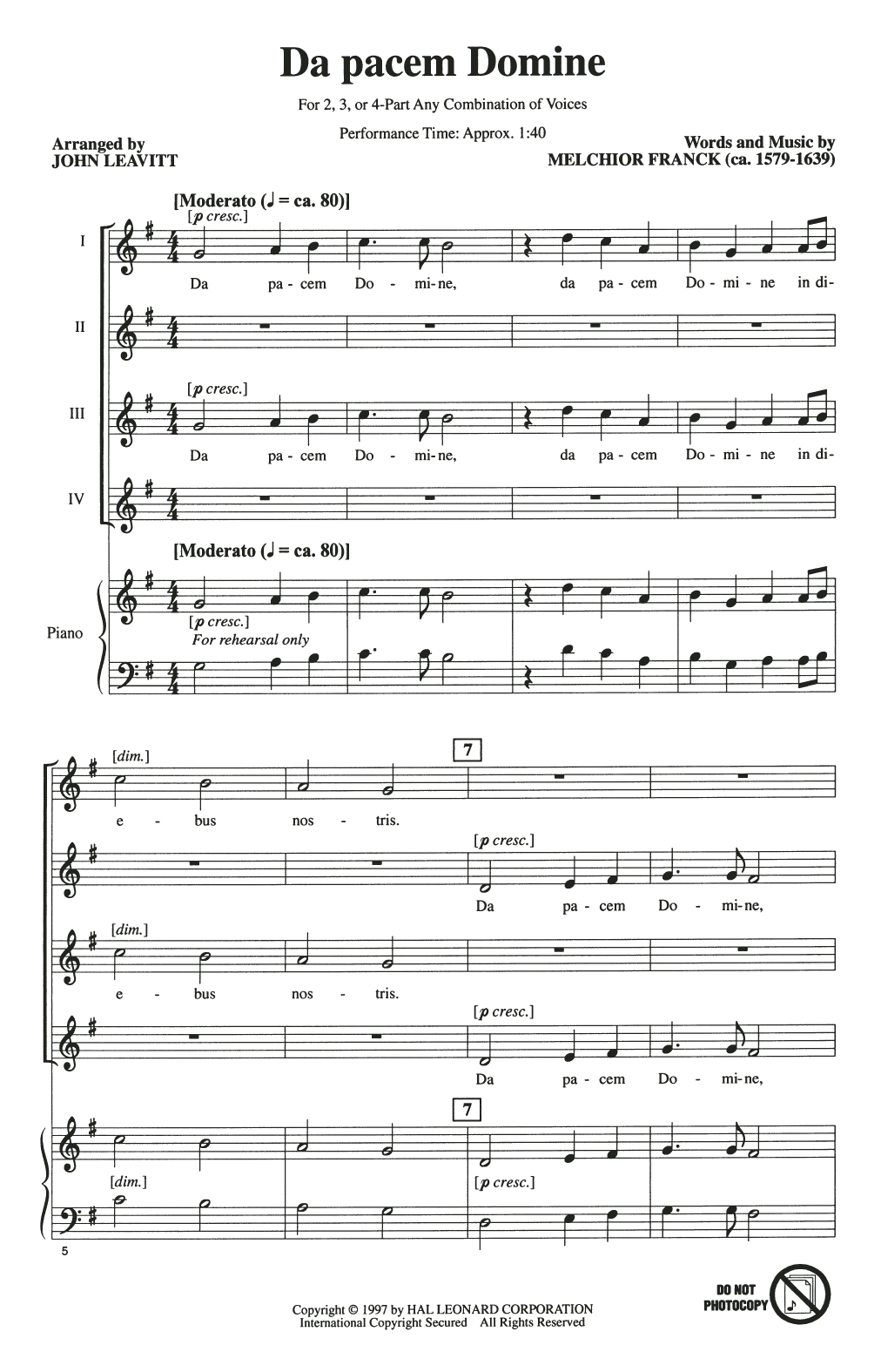 Melchior Franck Da Pacem Domine (arr. John Leavitt) sheet music notes and chords. Download Printable PDF.