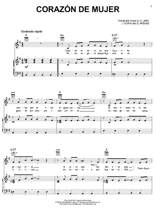 Learn to play Melina Leon Corazon De Mujer sheet music for Piano, Vocal & Guitar Chords (Right-Hand Melody) in minutes. Price: 7.8900$ Melina Leon Corazon De Mujer sheet music notes and chords arranged for Piano, Vocal & Guitar Chords (Right-Hand Melody)