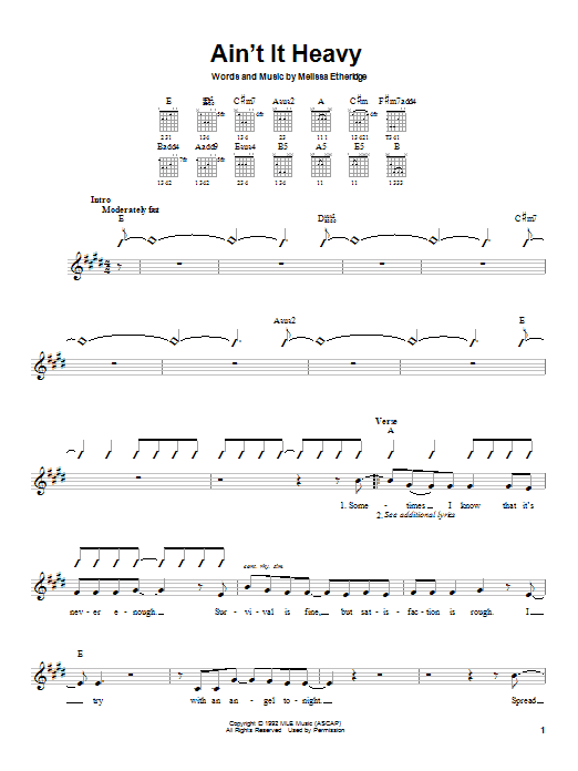 Learn to play Melissa Etheridge Ain't It Heavy sheet music for Easy Guitar in minutes. Price: 5.9900$ Melissa Etheridge Ain't It Heavy sheet music notes and chords arranged for Easy Guitar