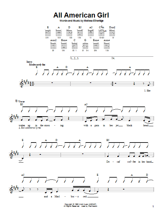 Melissa Etheridge All American Girl sheet music notes and chords. Download Printable PDF.