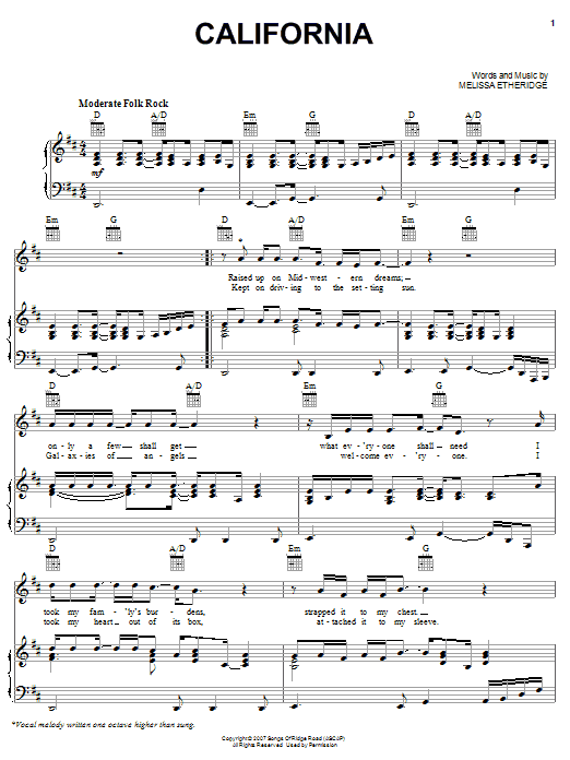 Learn to play Melissa Etheridge California sheet music for Piano, Vocal & Guitar Chords (Right-Hand Melody) in minutes. Price: 7.8900$ Melissa Etheridge California sheet music notes and chords arranged for Piano, Vocal & Guitar Chords (Right-Hand Melody)