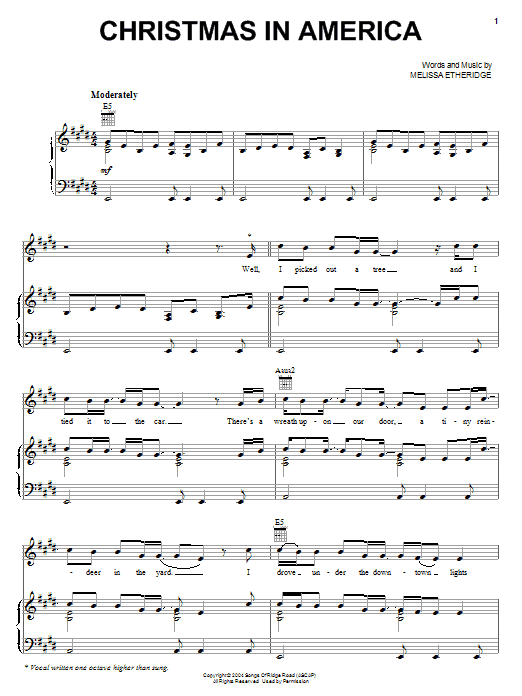 Learn to play Melissa Etheridge Christmas In America sheet music for Piano, Vocal & Guitar Chords (Right-Hand Melody) in minutes. Price: 7.8900$ Melissa Etheridge Christmas In America sheet music notes and chords arranged for Piano, Vocal & Guitar Chords (Right-Hand Melody)